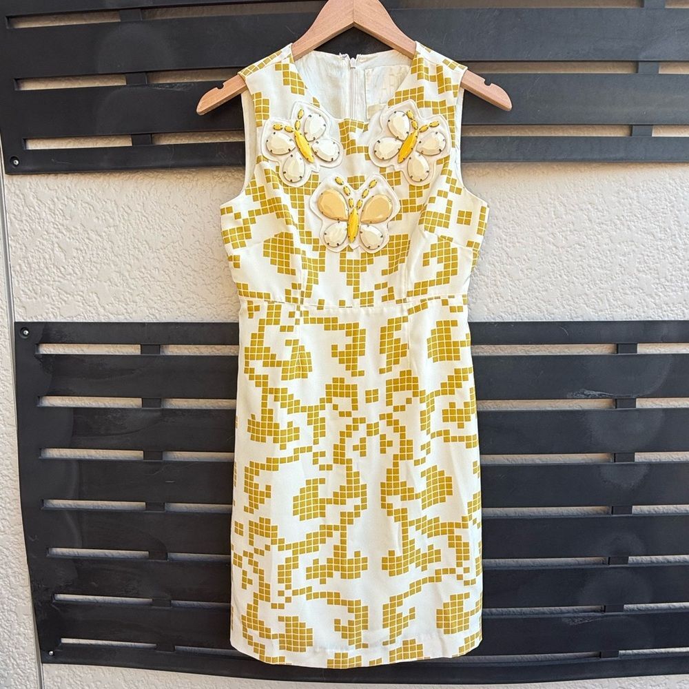Karta Pixel Print Shift Dress w/Jeweled Butterfly Appliqué – Size S